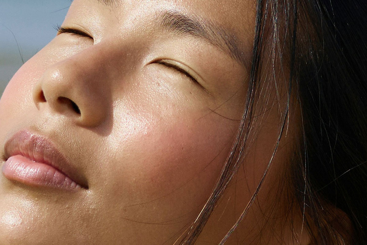 Close up of face with even skin tone and natural glow
