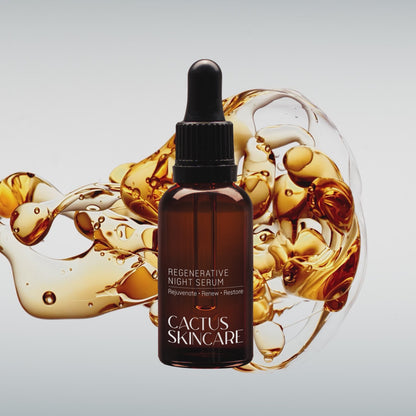 Regenerative night serum bottle styled with natural skincare ingredients